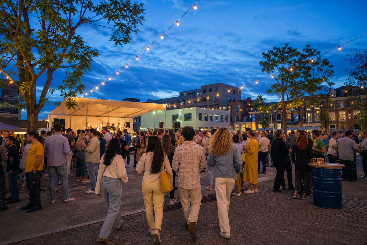 Bezoekers komen aan bij een openluchtevenement op een Nederlands stadsplein