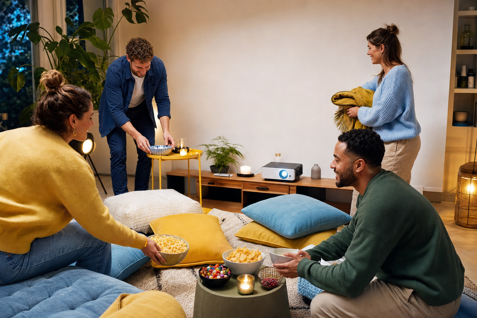 Vier vrienden richten een woonkamer in voor een gezellige filmavond met projector en snacks