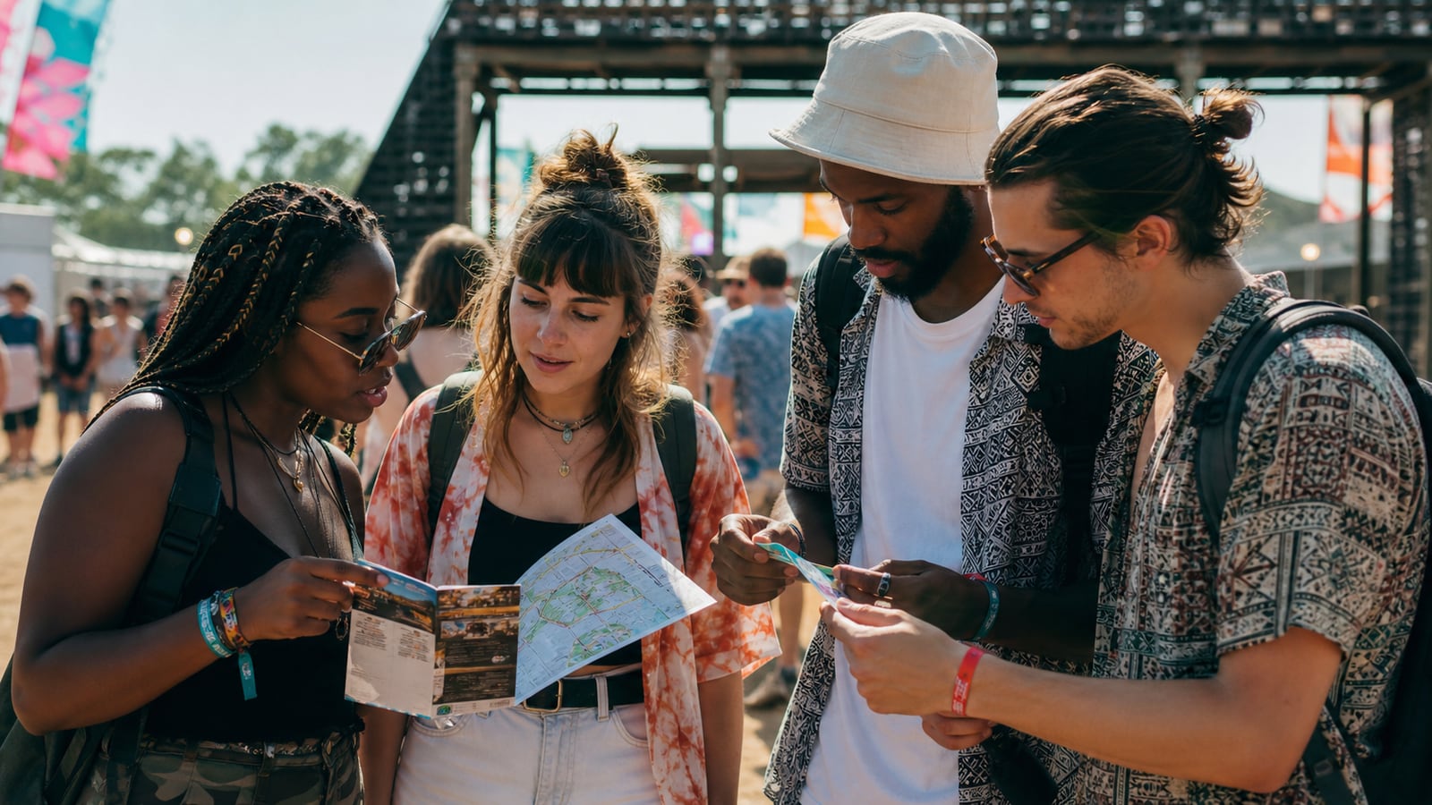 Publiek met regenjassen en paraplu's bij een openluchtconcert onder bewolkte lucht